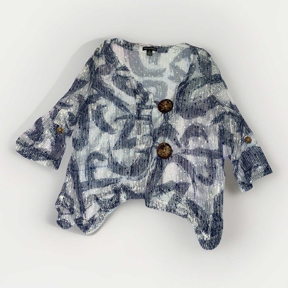Nina Leonard Cardigan Blue White See Thru Button Medium